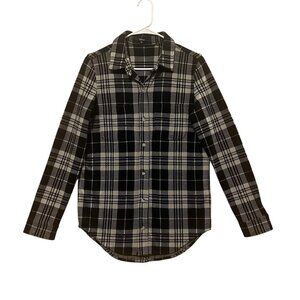 Quince Women’s Fleece Shirt Plaid Size Small Black Stretch Buttons Pockets
